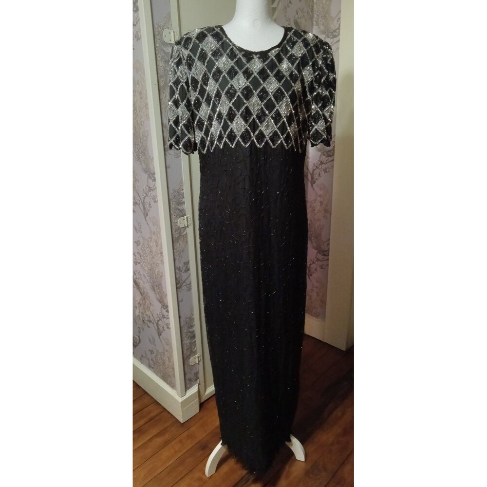Vintage Laurence Kazar 100% Silk Black/Silver Sequin, Bead Dress